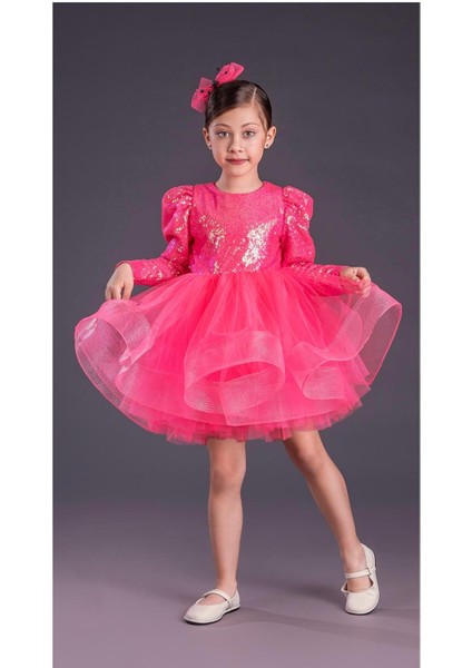 Aden Pullu Payetli Tütü Kabarık Doğum Günü 23 Nisan Parti Kostüm Uzun Kollu Abiye Kız Çocuk Elbisesi