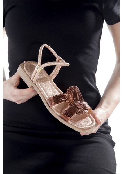 MİA028-3014 Deri Kadın Günlük Ortopedik Bronz Tatil Sandalet