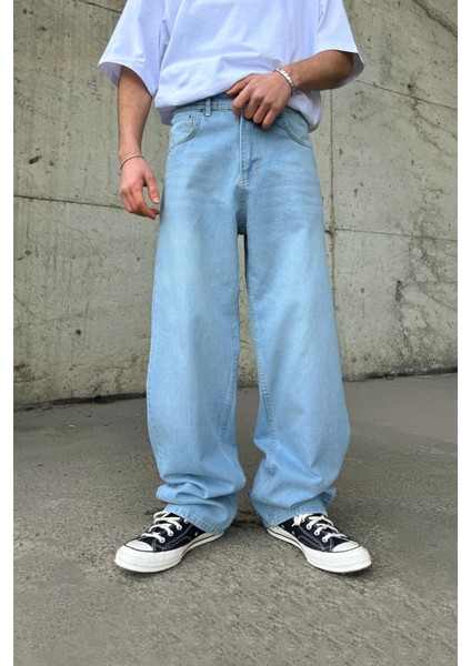 Çizgili Super Buz Mavi Baggy Jean