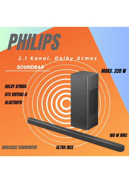 Phılıps Subwoofer, Maks. 320 W / 160 W Rms, 2.1 Kanal, Dolby Atmos, Bluetooth Soundbar