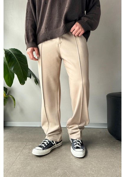 Dikiş Detaylı Bej Kumaş Pantolon