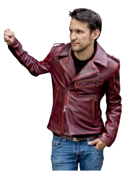 Prof Model Silme Hakiki Koyun Derisi Bordo Renk Biker Mont