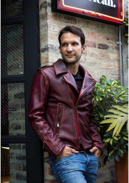 Prof Model Silme Hakiki Koyun Derisi Bordo Renk Biker Mont modelleri