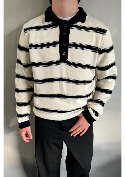 Çizgili Polo Yaka Taş Rengi Oversize Kazak modelleri
