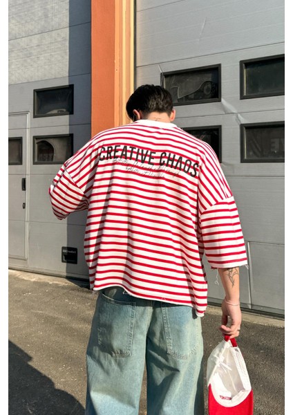Creative Chaos Baskılı Çizgili Kırmızı Oversize Tişört