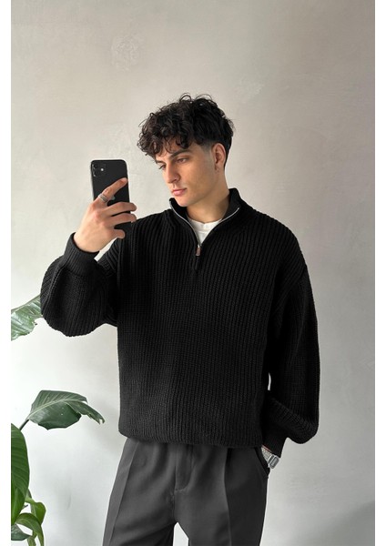 Half Zip Yarım Balıkçı Siyah Triko Kazak
