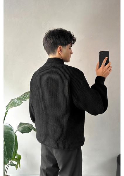 Half Zip Yarım Balıkçı Siyah Triko Kazak