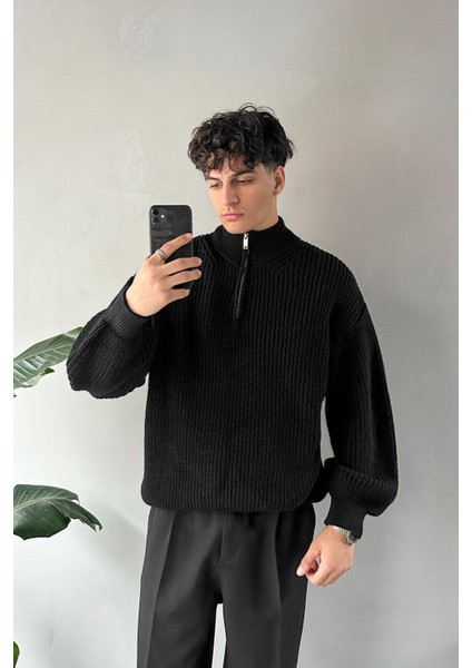 Half Zip Yarım Balıkçı Siyah Triko Kazak