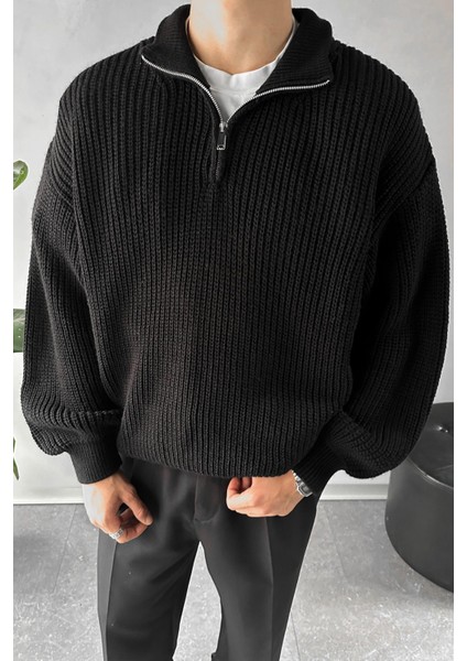 Half Zip Yarım Balıkçı Siyah Triko Kazak
