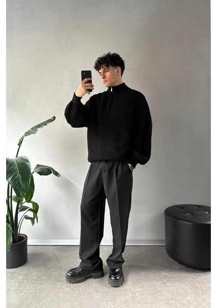 Half Zip Yarım Balıkçı Siyah Triko Kazak