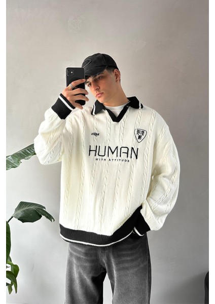 Human Nakışlı Ekru Polo Yaka Kazak