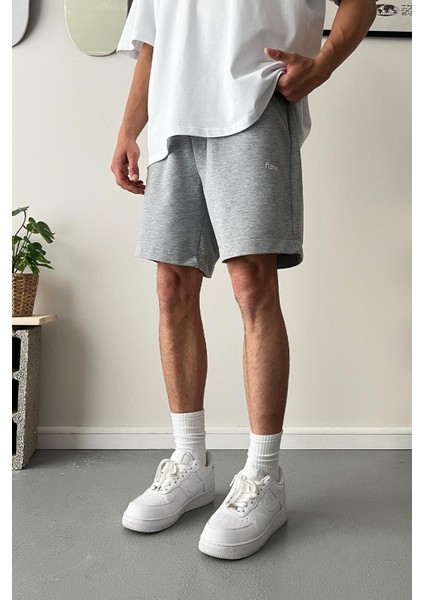 Nakışlı Gri Melanj Oversize Basic Şort