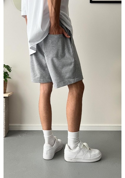 Nakışlı Gri Melanj Oversize Basic Şort