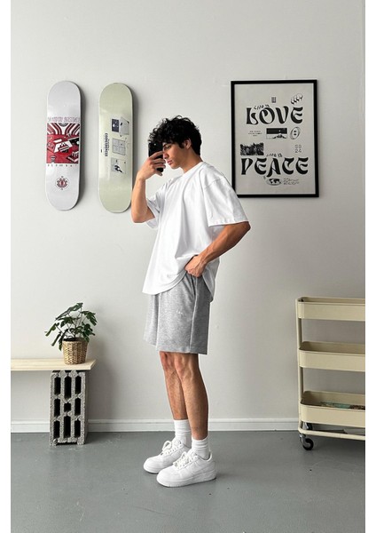 Nakışlı Gri Melanj Oversize Basic Şort