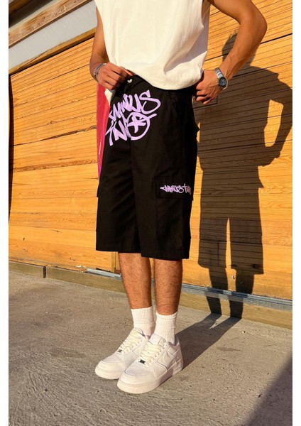 Graffiti Mor Baskılı Baggy Şort