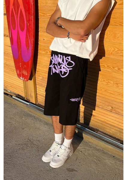 Graffiti Mor Baskılı Baggy Şort