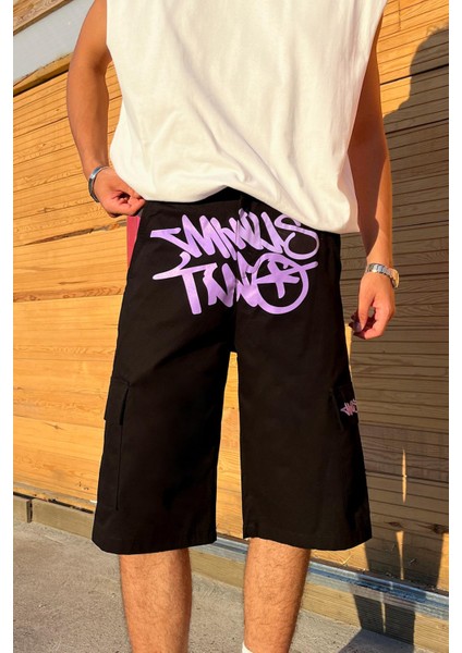 Graffiti Mor Baskılı Baggy Şort
