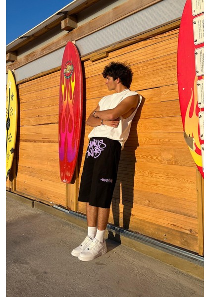 Graffiti Mor Baskılı Baggy Şort