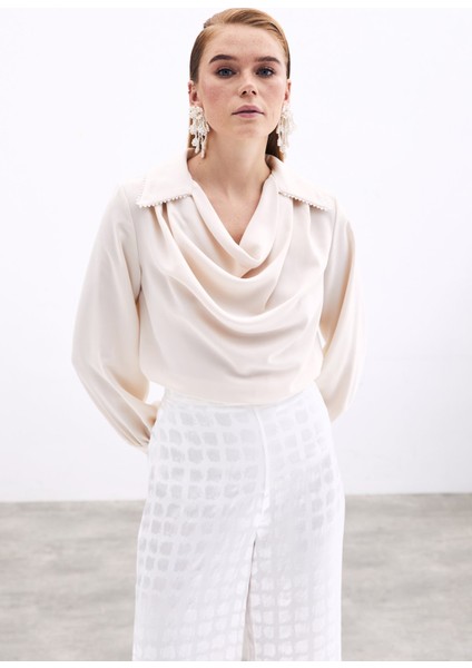 Degaje Yaka Incili Salaş Bluz - Bej fiyatları