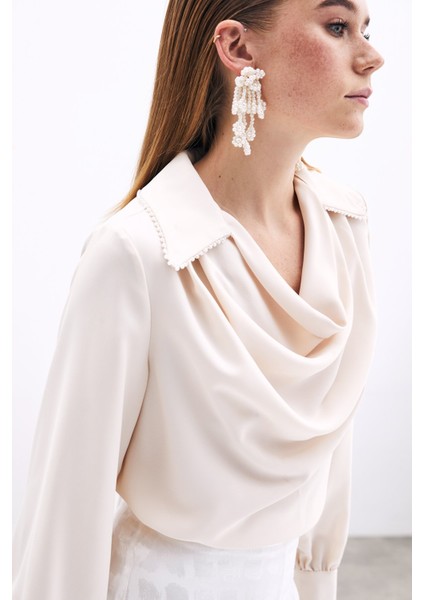 Degaje Yaka Incili Salaş Bluz - Bej modelleri