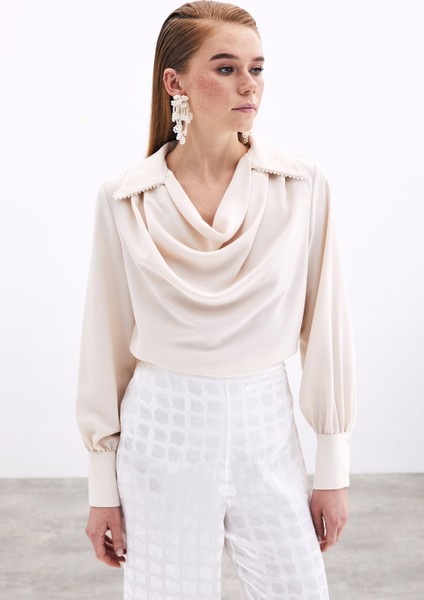 Degaje Yaka Incili Salaş Bluz - Bej fırsatları