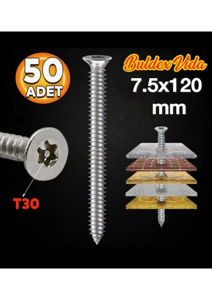 7.5X120 mm Sivri Uçlu Dübelsiz Beton Buldeks Vidası (50 Adet)