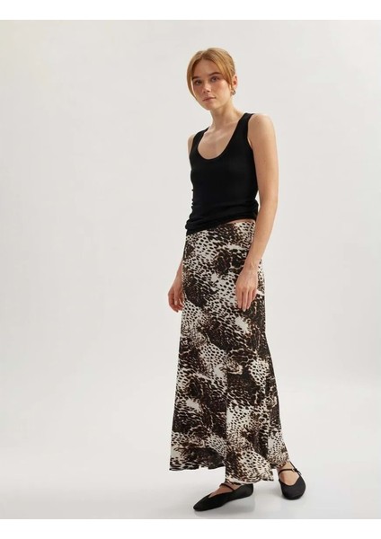 Standart Bel Leopar Desenli Uzun Kloş Saten Etek 5SAK70104UW - Koton - Siyah - 38