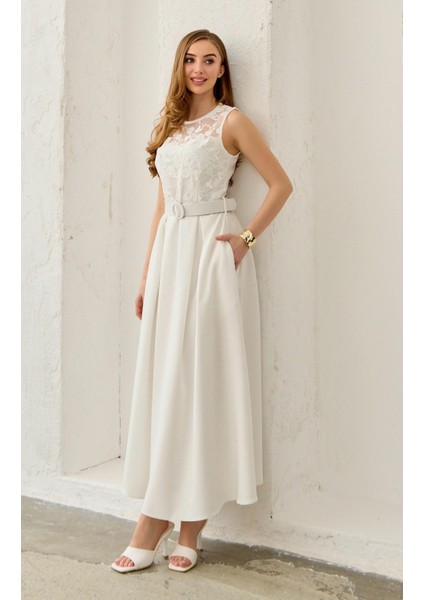 Halter Kol Dantel Detaylı Kemerli Elbise