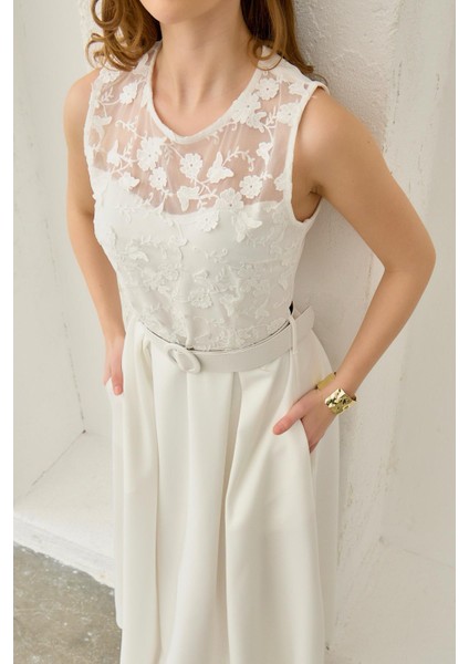 Halter Kol Dantel Detaylı Kemerli Elbise fiyatları