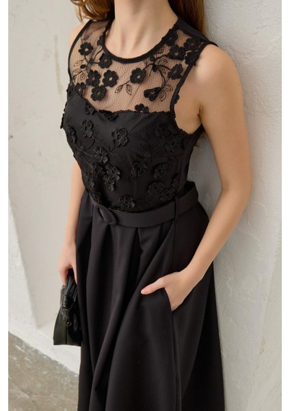 Halter Kol Dantel Detaylı Kemerli Elbise modelleri