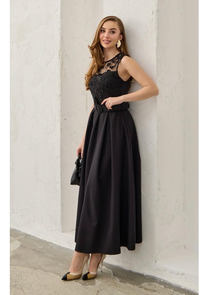 Halter Kol Dantel Detaylı Kemerli Elbise indirimleri