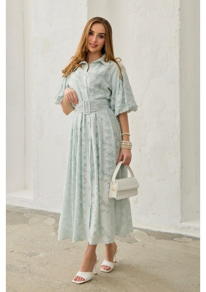 Balon Kollu Kemerli Brode Elbise