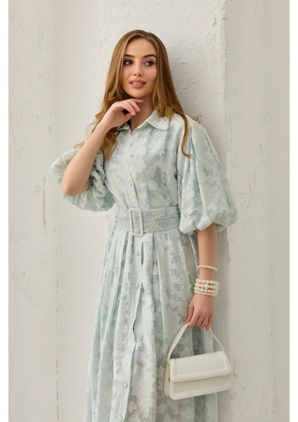 Balon Kollu Kemerli Brode Elbise modelleri