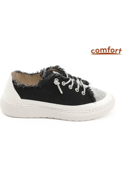 Kadın Siyah Kot Triko Taşlı Comfort Sneaker