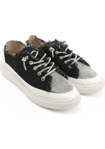 Kadın Siyah Kot Triko Taşlı Comfort Sneaker