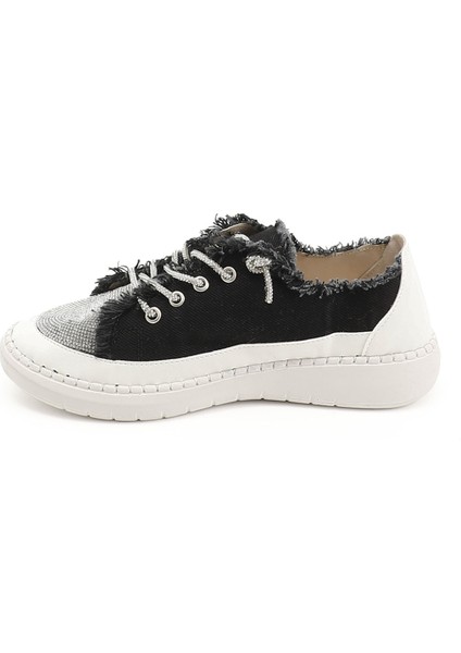 Kadın Siyah Kot Triko Taşlı Comfort Sneaker
