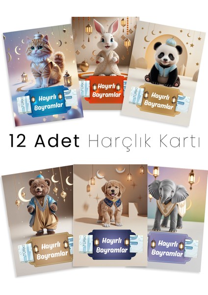 | Sevimli Hayvanlar Temalı Bayram Harçlık Kartları, Tebrik Kartları, Hediye Kartı - 12 Adet