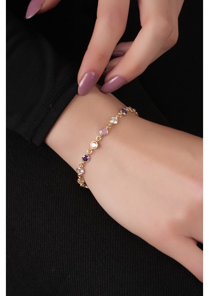 925 Ayar Gümüş Gold Kaplamalı 4mm Renkli Taşlı Tasarım Bileklik