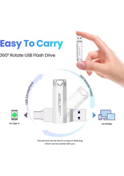 Jaster 256Gb. Type-C ve Usb 3.0 Hızlı Usb Flash Bellek Otg Çift Girişli Metal Sağlam ve Orjinal