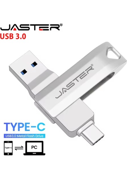 Jaster 256Gb. Type-C ve Usb 3.0 Hızlı Usb Flash Bellek Otg Çift Girişli Metal Sağlam ve Orjinal