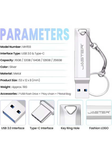 Jaster 64Gb. Type-C ve Usb 3.0 Hızlı Usb Flash Bellek Otg Çift Girişli Metal Sağlam ve Orjinal