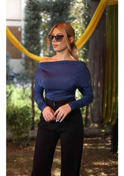 Mavi Kayık Yaka Sandy Bluz