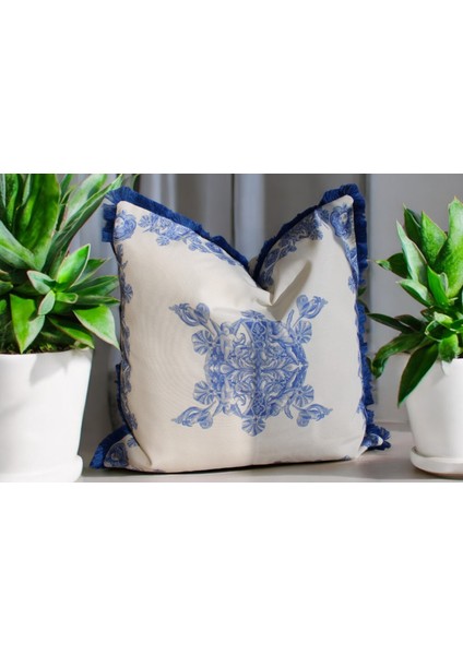 Mofhomecollection Keten Üstü Dijital Baskı Saçak Kırlent Kılıfı