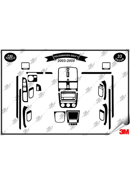 Volkswagen Jetta 2003-2008 Torpido Konsol Trim Göğüs Maun Kaplama Set 33 Parça Siyah Renk