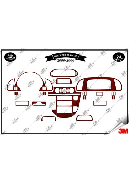 Mercedes Sprinter 2000-2006 Torpido Konsol Trim Göğüs Maun Kaplama Set 24 Parça Maun