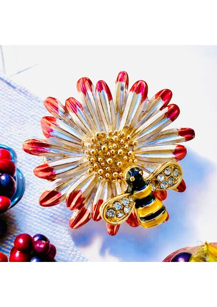Renkli Mineli Zirkon Taşlı Altın Renk Çiçek Arı Tasarım Broş
