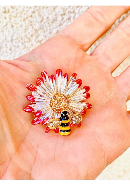 Renkli Mineli Zirkon Taşlı Altın Renk Çiçek Arı Tasarım Broş modelleri