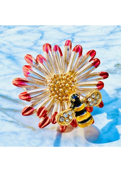 Renkli Mineli Zirkon Taşlı Altın Renk Çiçek Arı Tasarım Broş fırsatları
