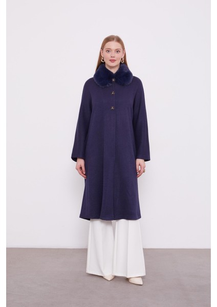 Lacivert Yakası Kürklü Kaşmir Hırka