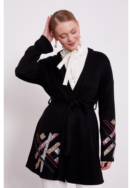 Siyah Payet Işlemeli Kaşmir Hırka